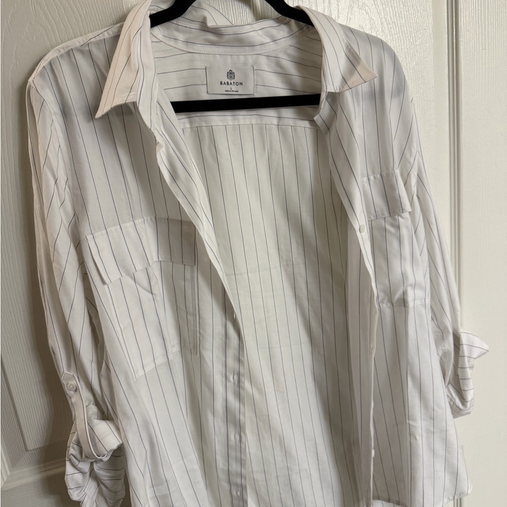 Aritzia White Button-Up Shirt with Thin Blue Pinstripes